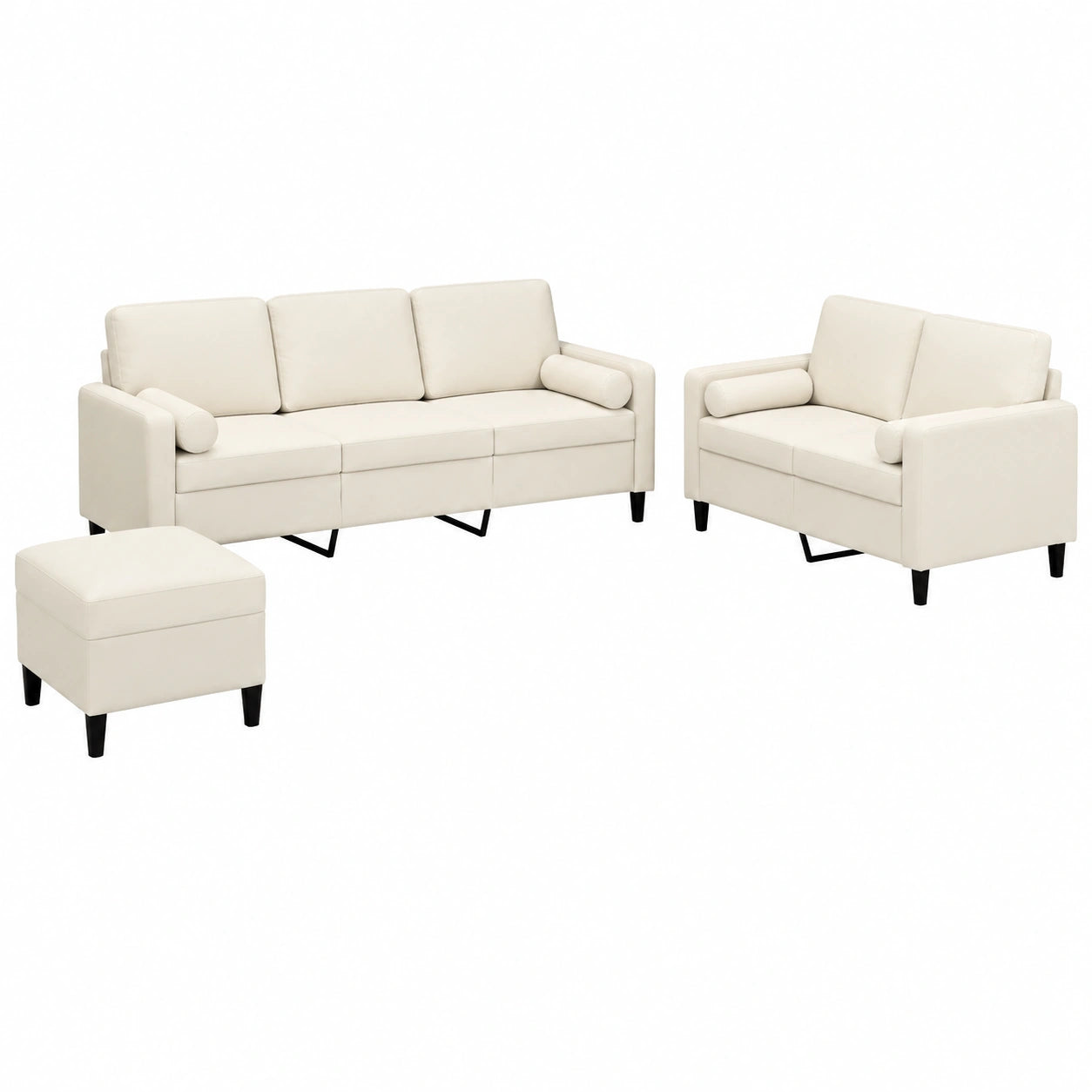 Elegante 3-teilige Samt-Sofagarnitur in Creme ¨C Bequemes Wohnzimmerset mit 2-Sitzer, 3-Sitzer und Hocker ¨C Stabiler Metall- und Sperrholzrahmen