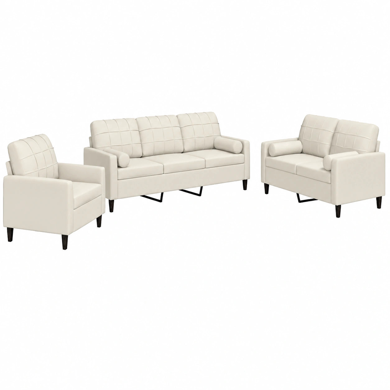 Modernes 3-teiliges Sofagarnitur-Set aus Samt in Creme mit Sessel, 2-Sitzer und 3-Sitzer inklusive Kissen und Nackenrollen