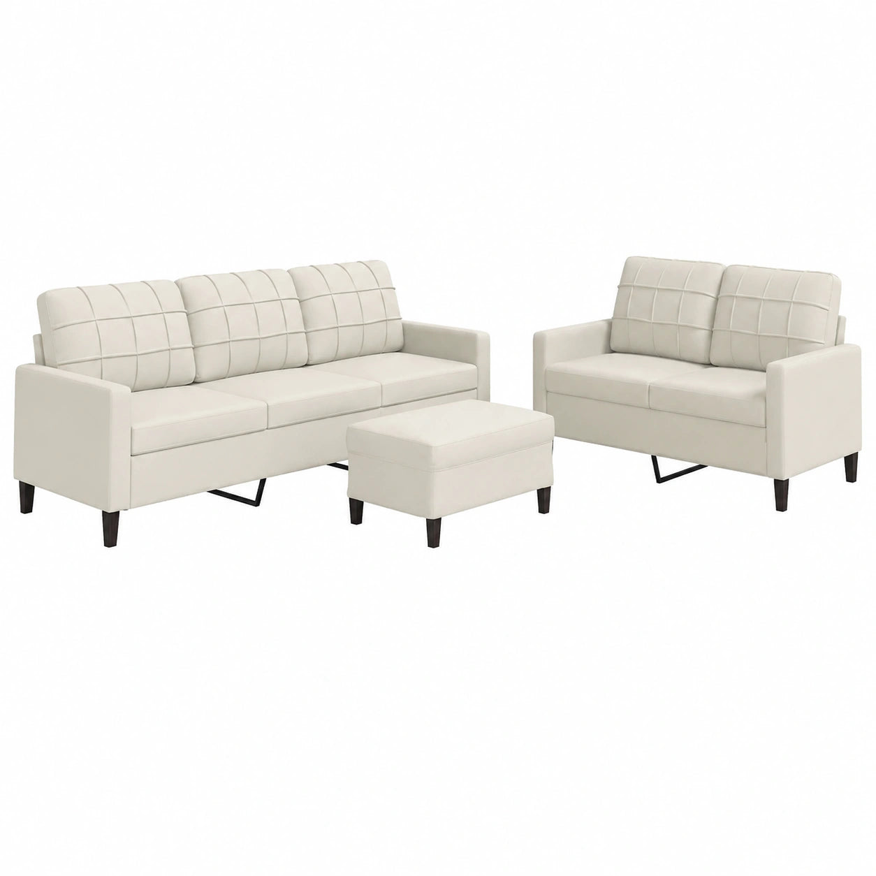 Elegante cremefarbene Sofagarnitur aus Samt mit 2-Sitzer, 3-Sitzer und Hocker, Bequemes Metallgestell, Modernes Wohnzimmerdesign