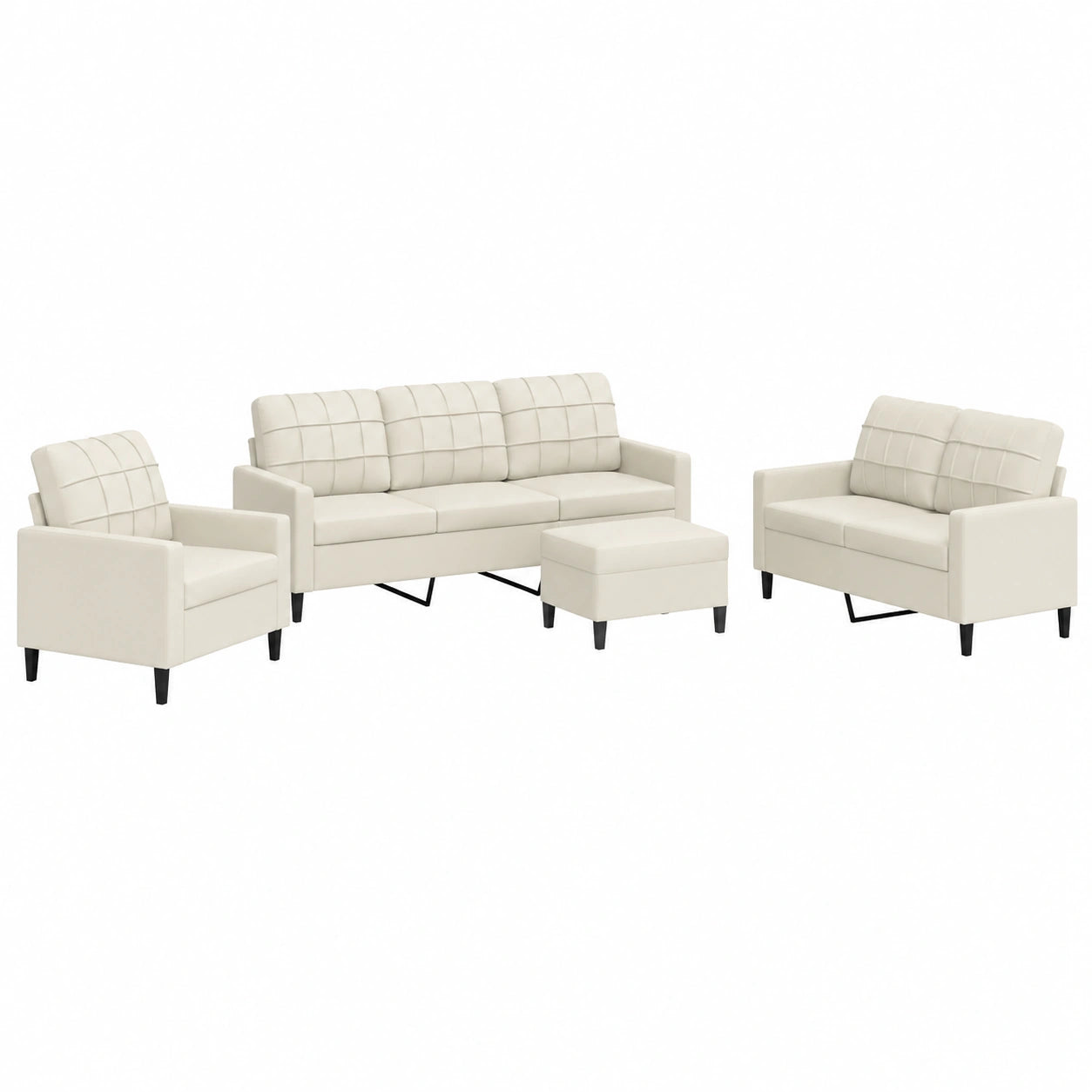 Elegantes 4-tlg. Sofagarnitur Set in Creme Samt mit Metallrahmen, inkl. 3-Sitzer, 2-Sitzer, Sessel und Hocker ¨C Platzsparendes, modernes Design f¨¹r komfortables Wohnen