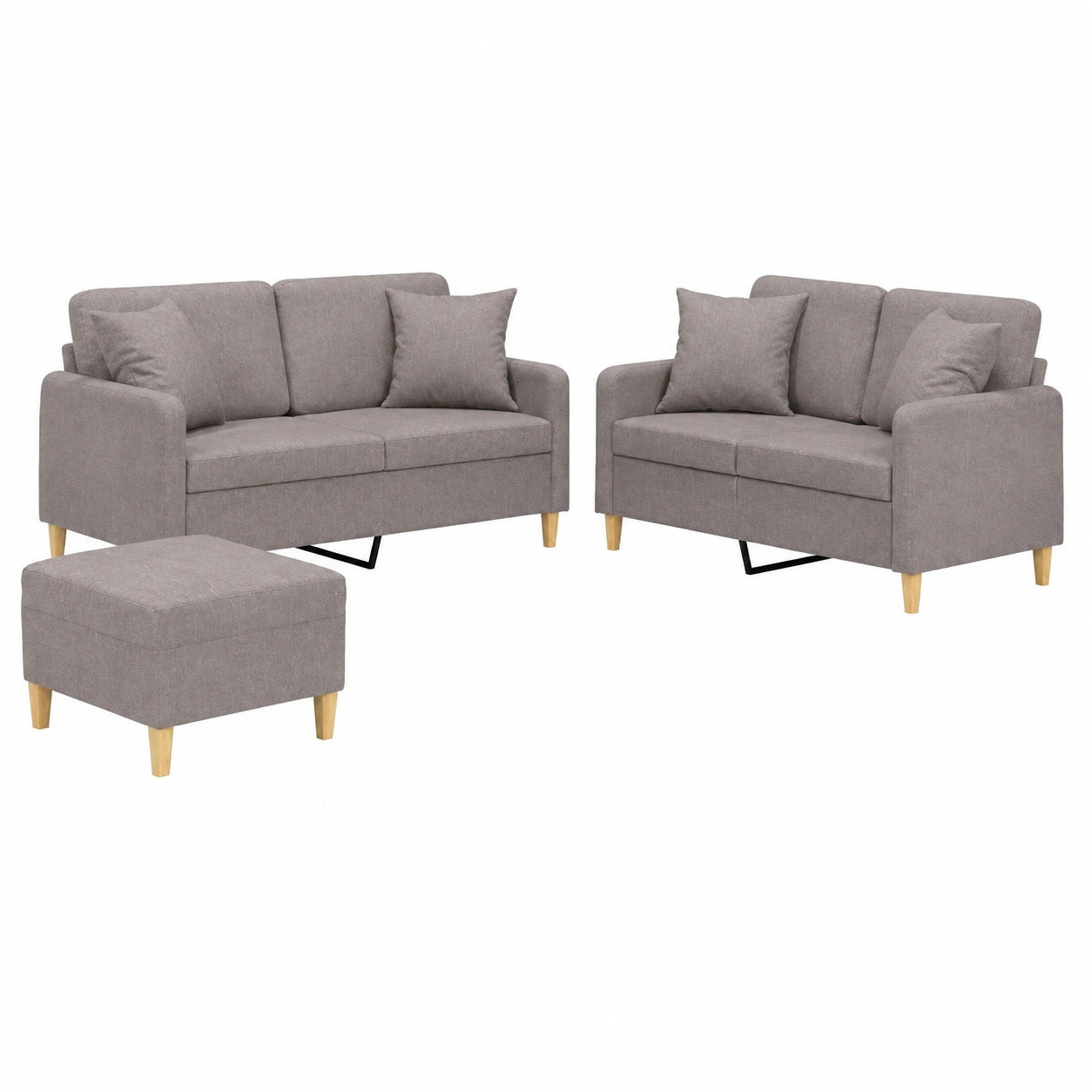 Sofagarnitur 3-teilig, Doppel-Sofa Set mit Hocker & Kissen, Stoffbezug in Taupe, langlebige Wohnzimmerm?bel