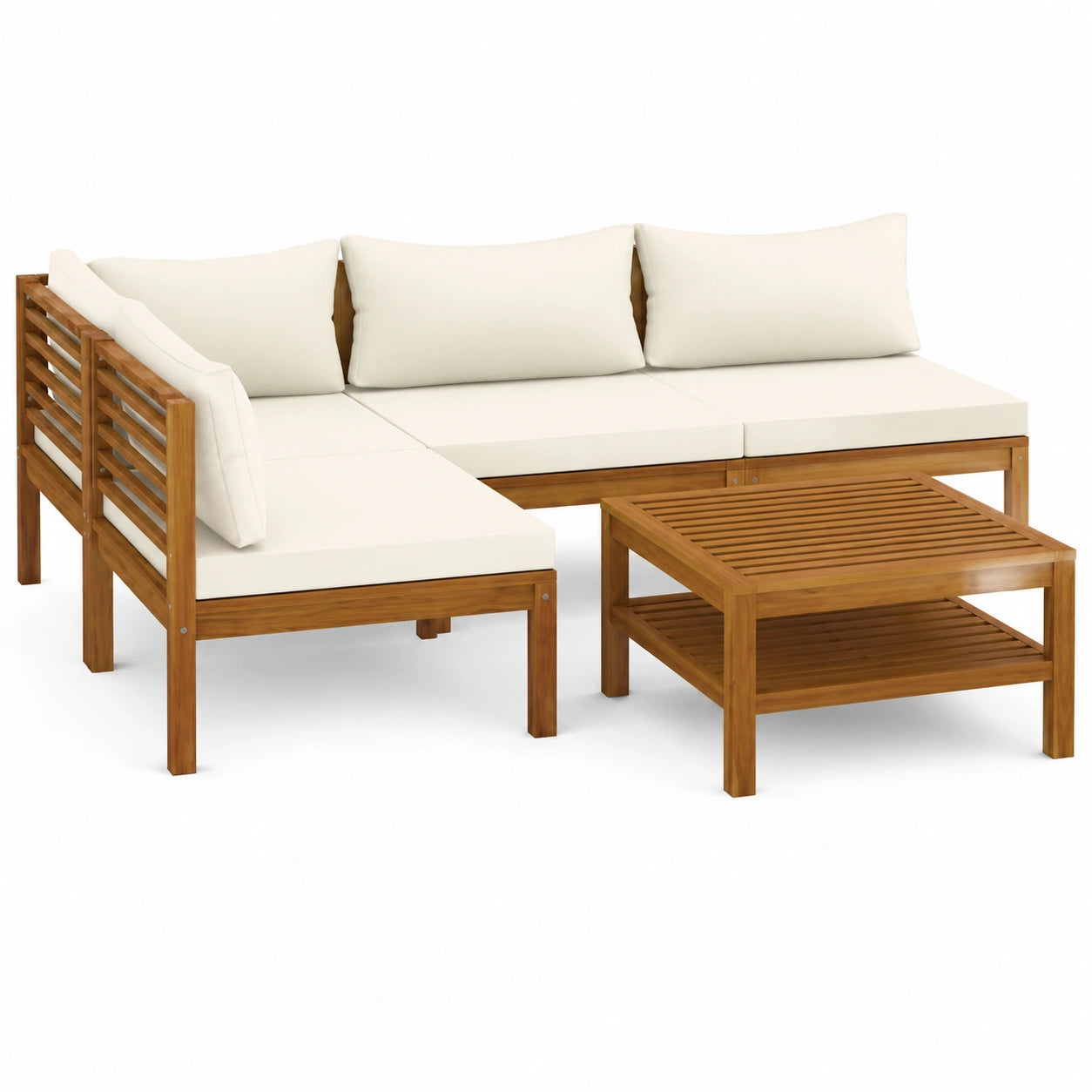 Garten-Lounge-Set aus massivem Akazienholz, 5-teilig, mit cremefarbenen Kissen