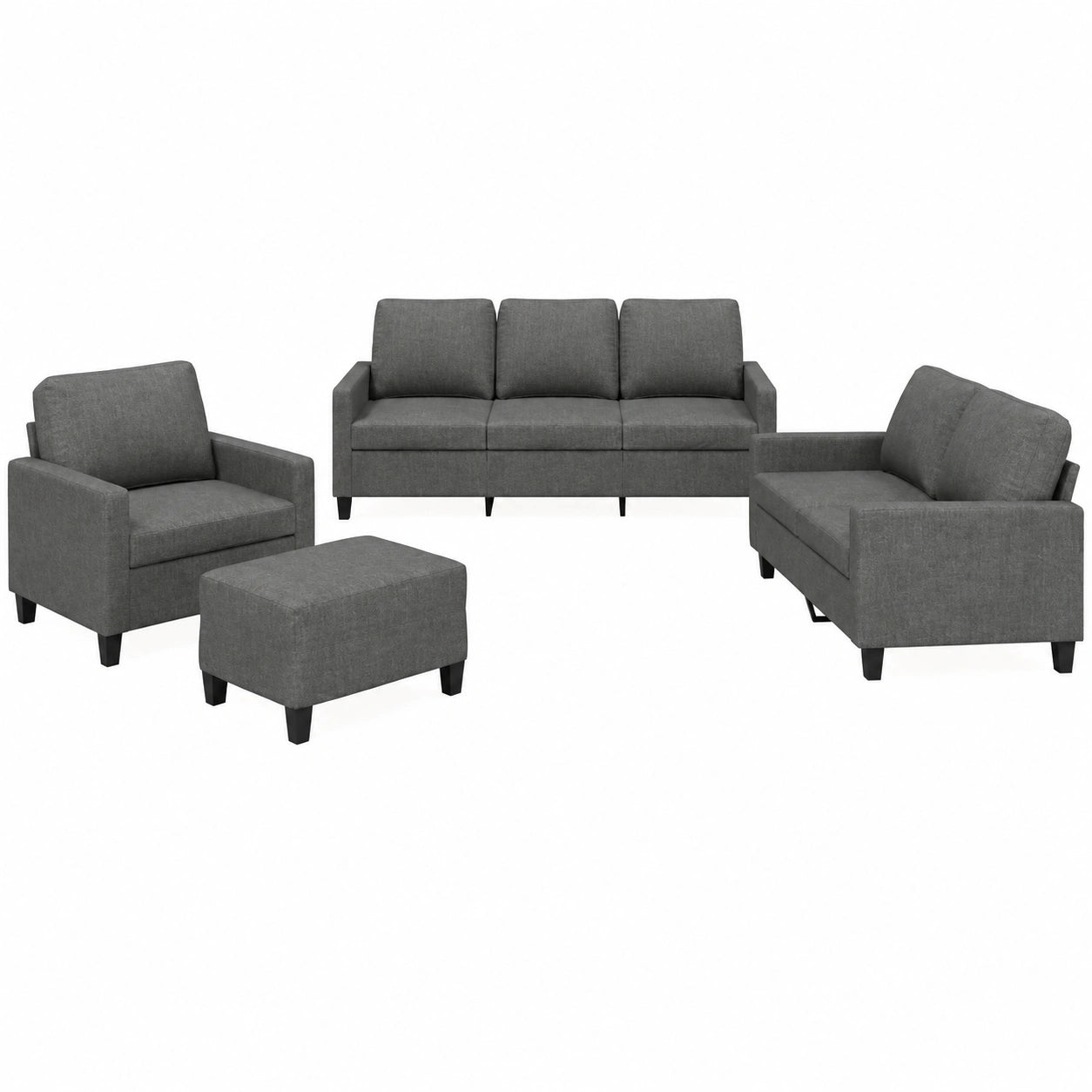 Modernes 4-teiliges Sofaset in Dunkelgrau mit Kissen - Bequemes Wohnzimmerm?bel inkl. Sessel, 2-Sitzer, 3-Sitzer und Hocker