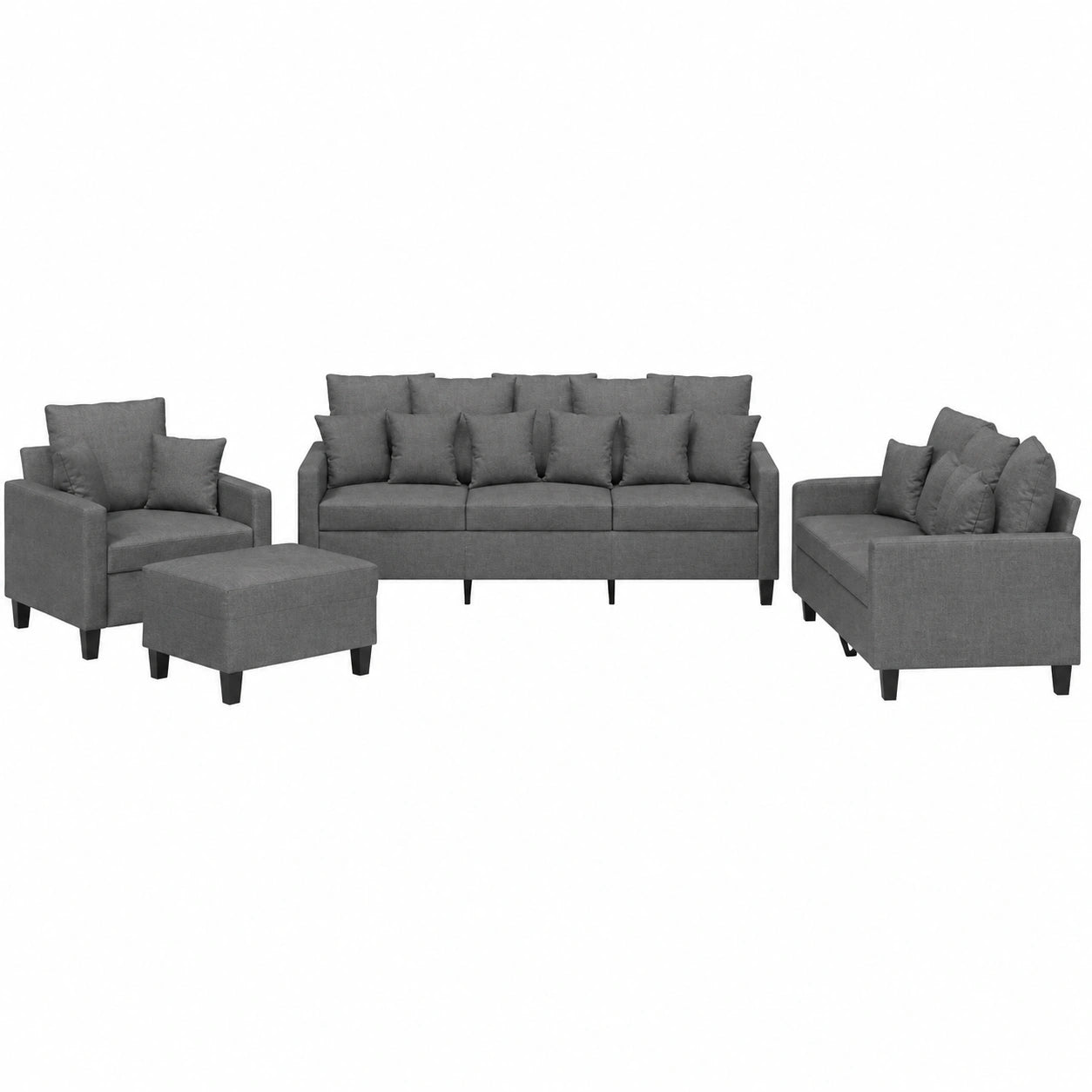 Modernes 4-teiliges Sofagarnitur-Set aus Stoff in Dunkelgrau, inklusive 2-Sitzer, 3-Sitzer, Sessel und Hocker
