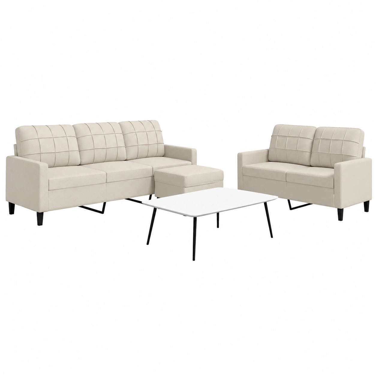 Elegante 3-teilige Sofagarnitur in Creme aus Samt: 2-Sitzer, 3-Sitzer und Hocker