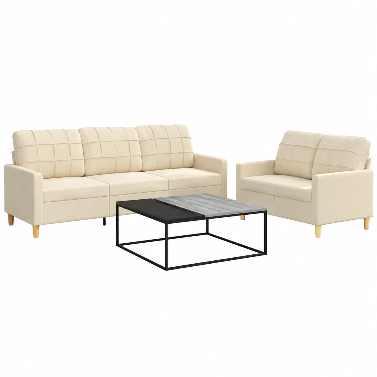 Moderne 2-teilige Sofagarnitur in Creme mit 2- und 3-Sitzer, Kissen und robustem Design