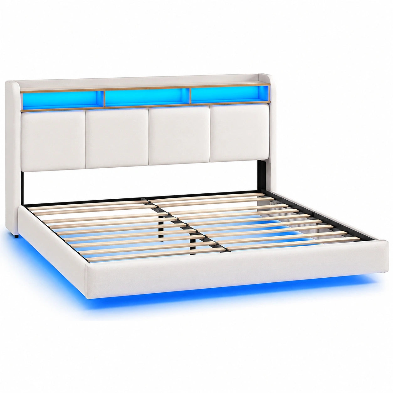 Modernes Polsterbett 160x200 cm mit LED, Kopfteil & Ladestation, Stauraum, Wei?