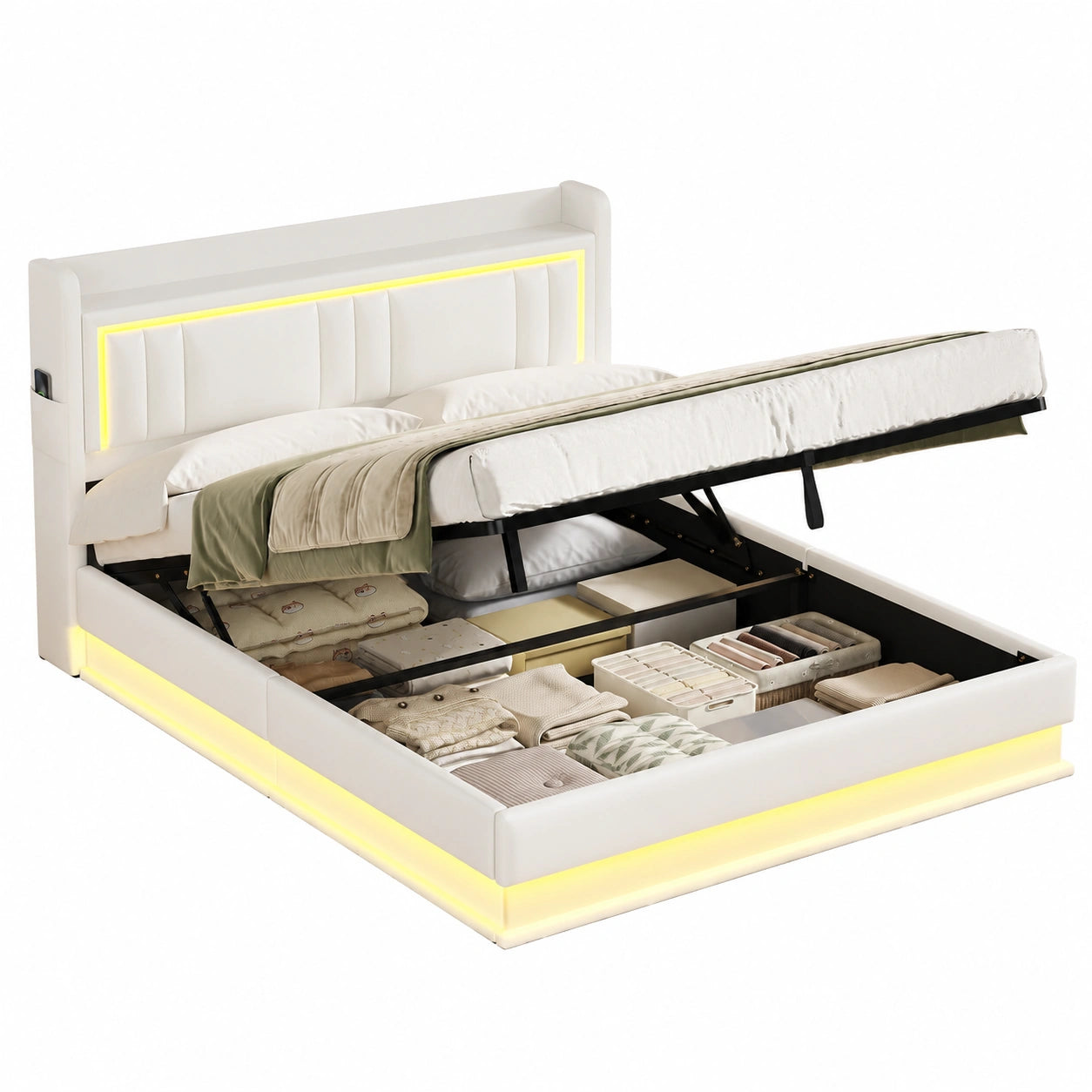 Modernes Polsterbett 160x200 cm mit LED, Stauraum & Ladestation, Wei?